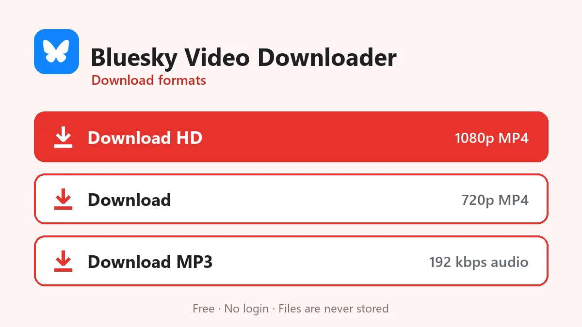 Bluesky Video Downloader formats: HD MP4, normal MP4 and MP3
