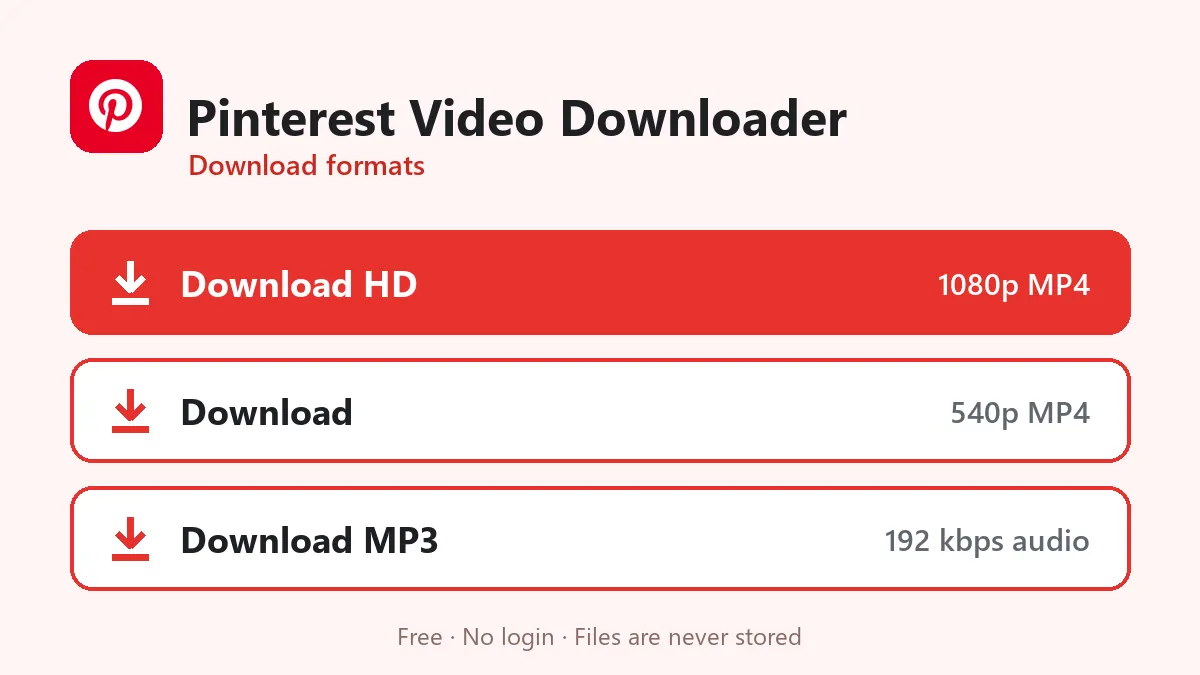 Pinterest Video Downloader formats: HD MP4, normal MP4 and MP3