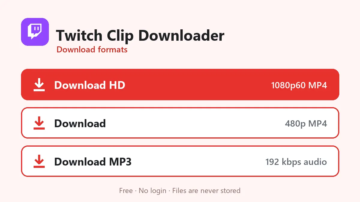 Twitch Clip Downloader formats: HD MP4, normal MP4 and MP3